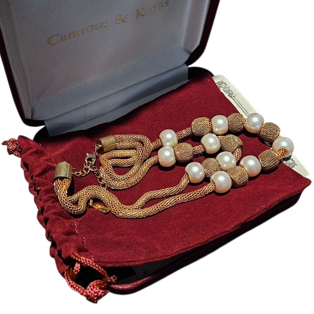 Camrose Kross JBK Jackie Faux White Pearl Gold Tone Mesh Chain Necklace 15" - Picture 5 of 7